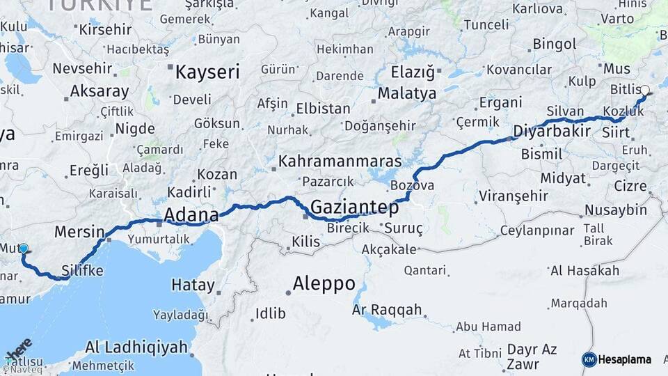 Mersin Mut Bitlis Arası Kaç Km - Yol Haritası