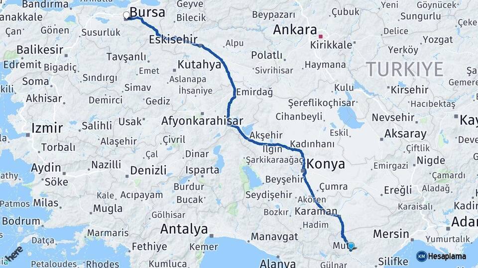 Mersin Mut Bursa Arası Kaç Km - Yol Haritası