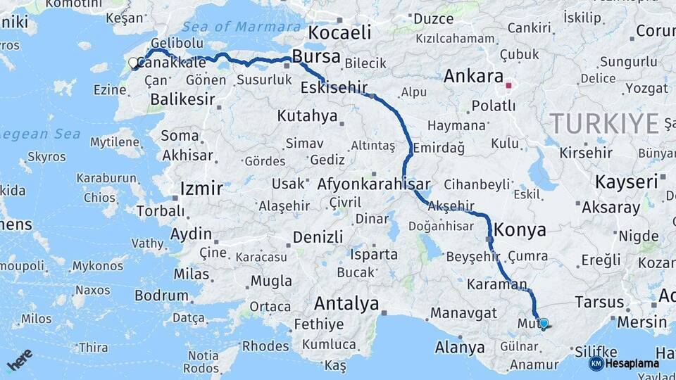 Mersin Mut Çanakkale Arası Kaç Km - Yol Haritası