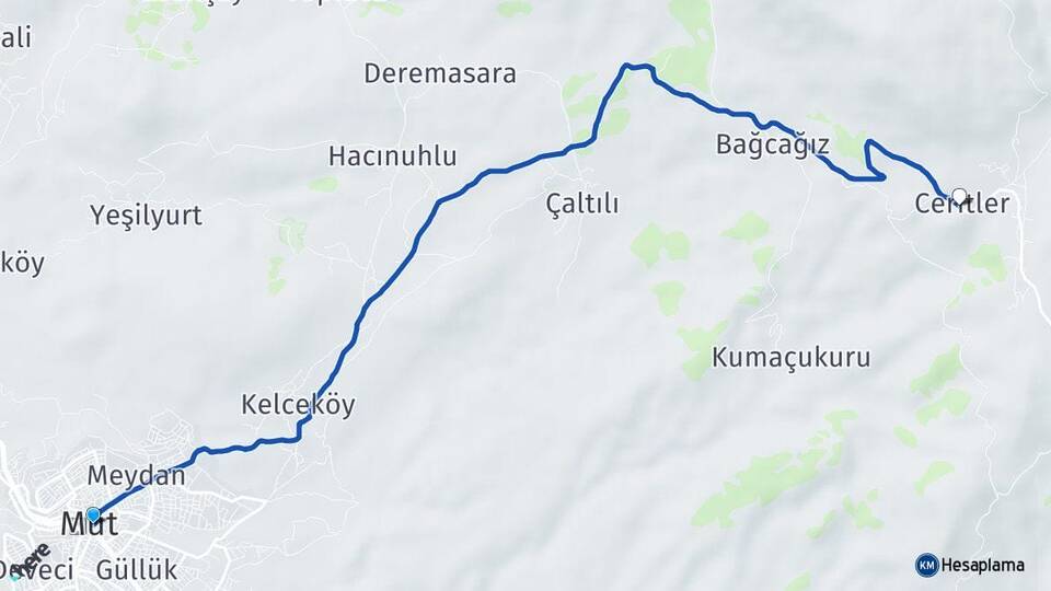 Mersin Mut Ceritler Mut Arası Kaç Km - Yol Haritası