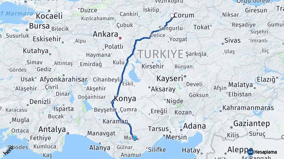 Mersin Mut Çorum Arası Kaç Km - Yol Haritası