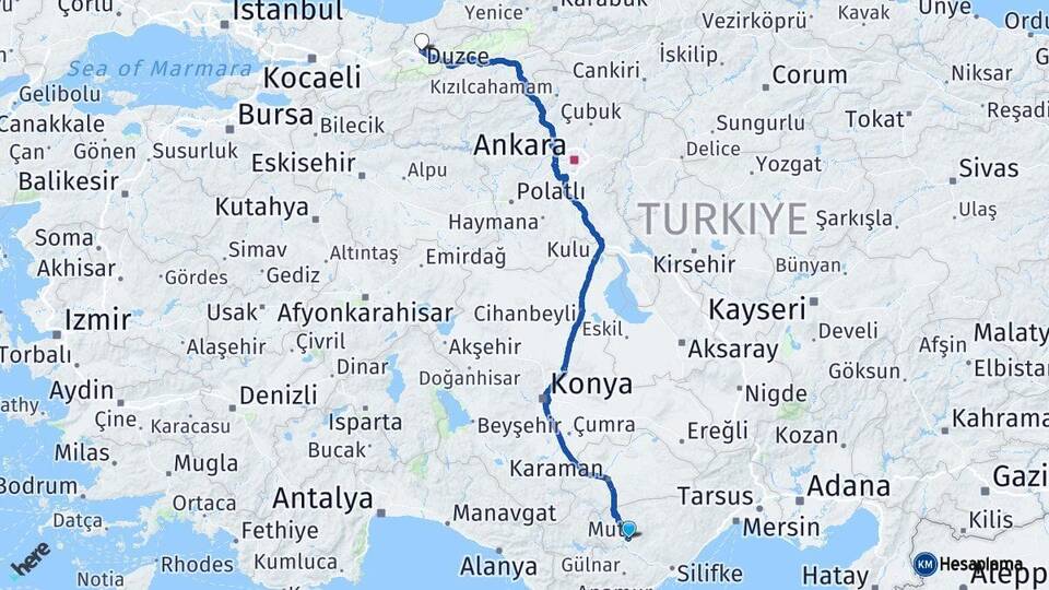 Mersin Mut Düzce Arası Kaç Km - Yol Haritası