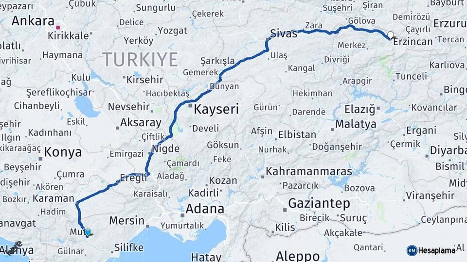 Mersin Mut Erzincan Arası Kaç Km - Yol Haritası