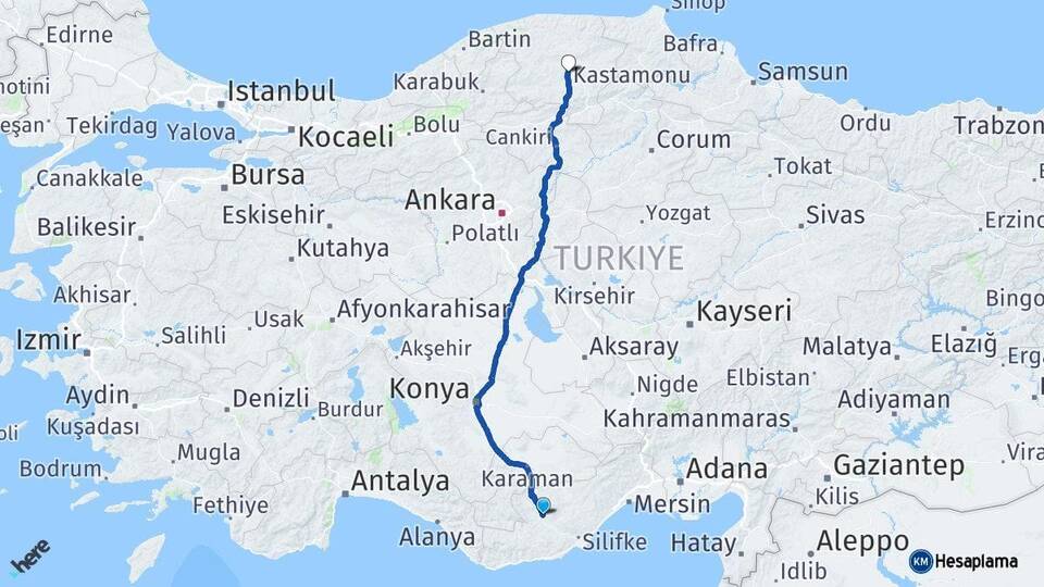 Mersin Mut Kastamonu Arası Kaç Km - Yol Haritası