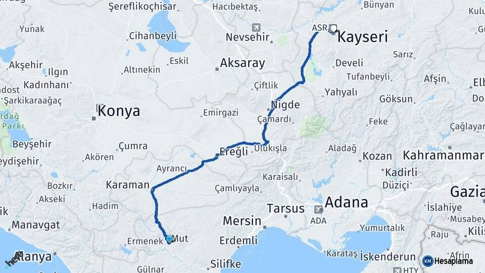 Mersin Mut Kayseri Arası Kaç Km - Yol Haritası