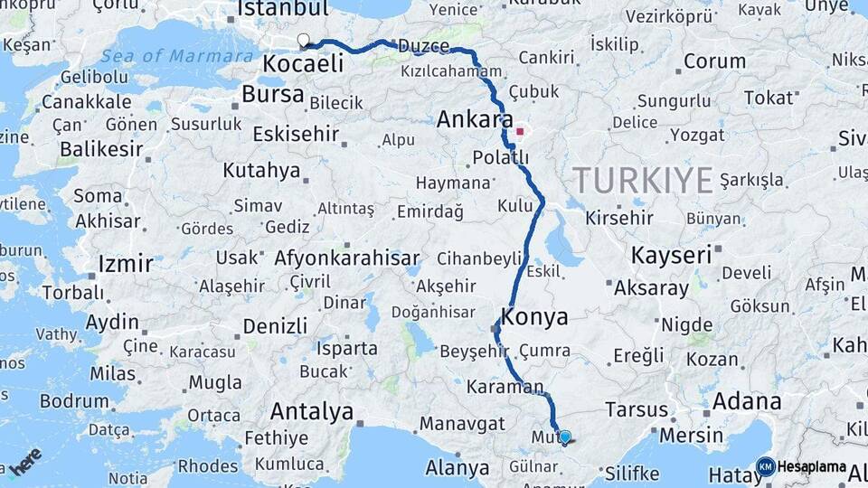 Mersin Mut Kocaeli Arası Kaç Km - Yol Haritası