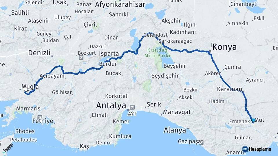 Mersin Mut Muğla Arası Kaç Km - Yol Haritası