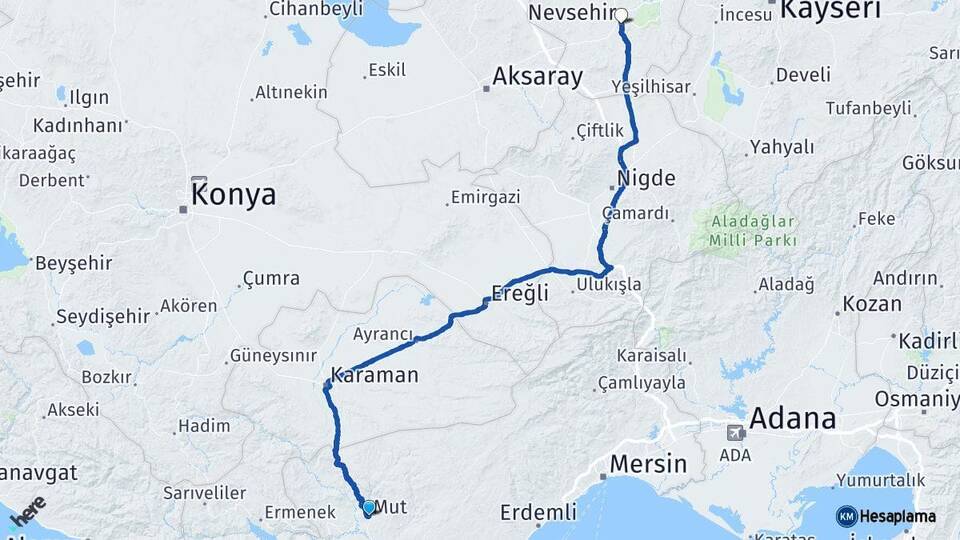 Mersin Mut Nevşehir Arası Kaç Km - Yol Haritası