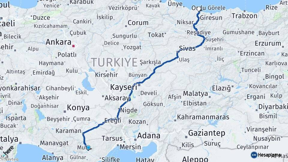 Mersin Mut Ordu Arası Kaç Km - Yol Haritası