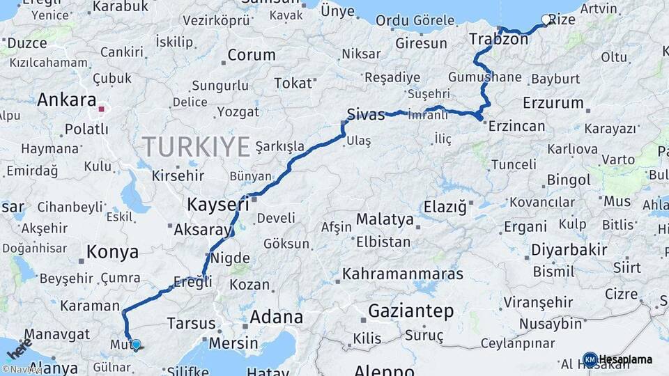 Mersin Mut Rize Arası Kaç Km - Yol Haritası