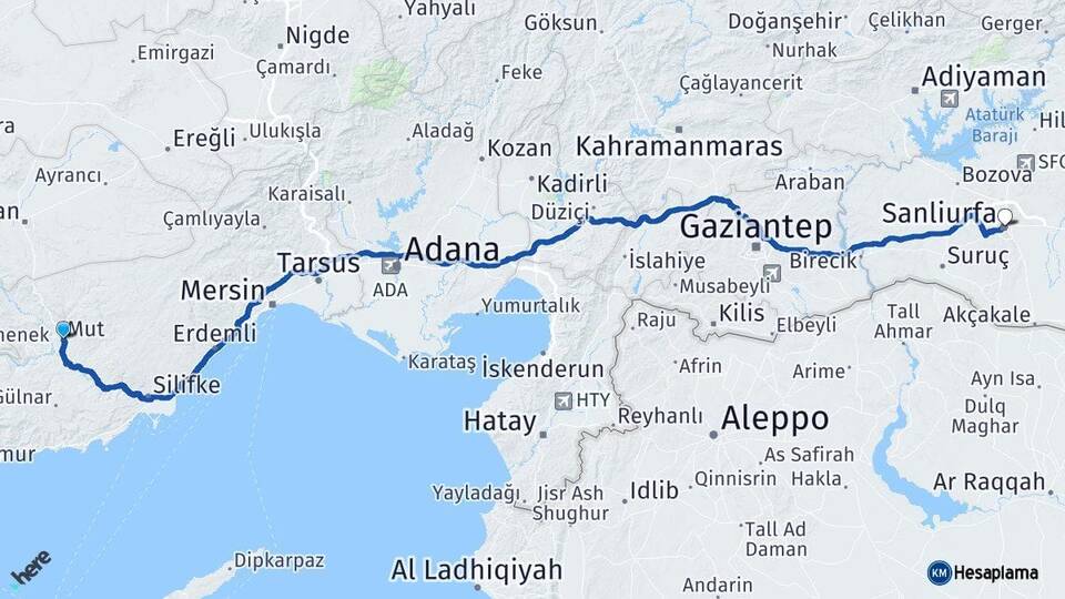 Mersin Mut Şanlıurfa Arası Kaç Km - Yol Haritası