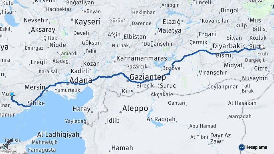 Mersin Mut Siirt Arası Kaç Km - Yol Haritası