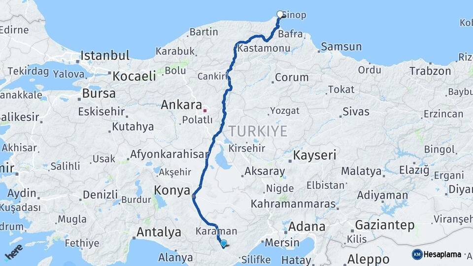 Mersin Mut Sinop Arası Kaç Km - Yol Haritası