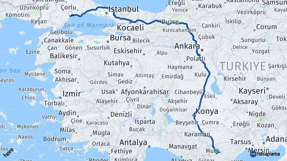 Mersin Mut Tekirdağ Arası Kaç Km - Yol Haritası
