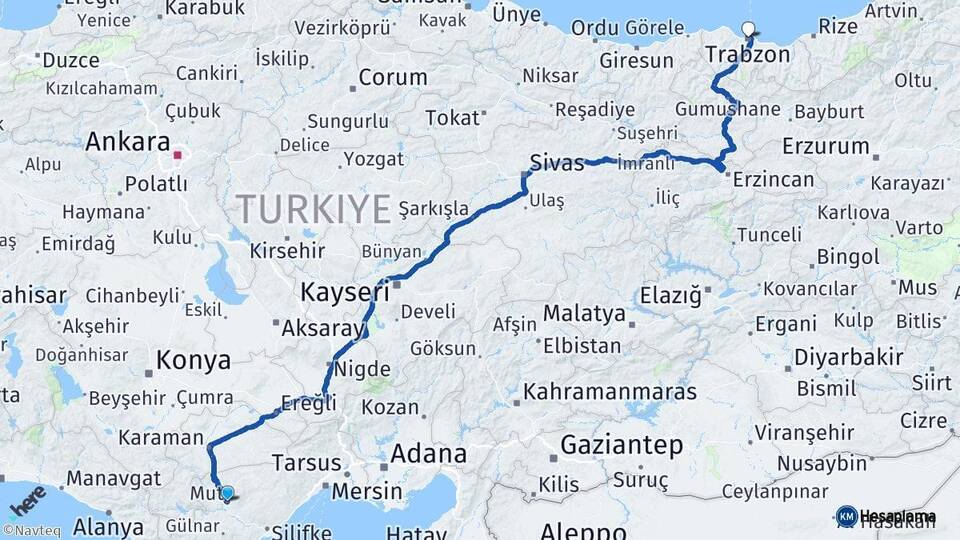 Mersin Mut Trabzon Arası Kaç Km - Yol Haritası