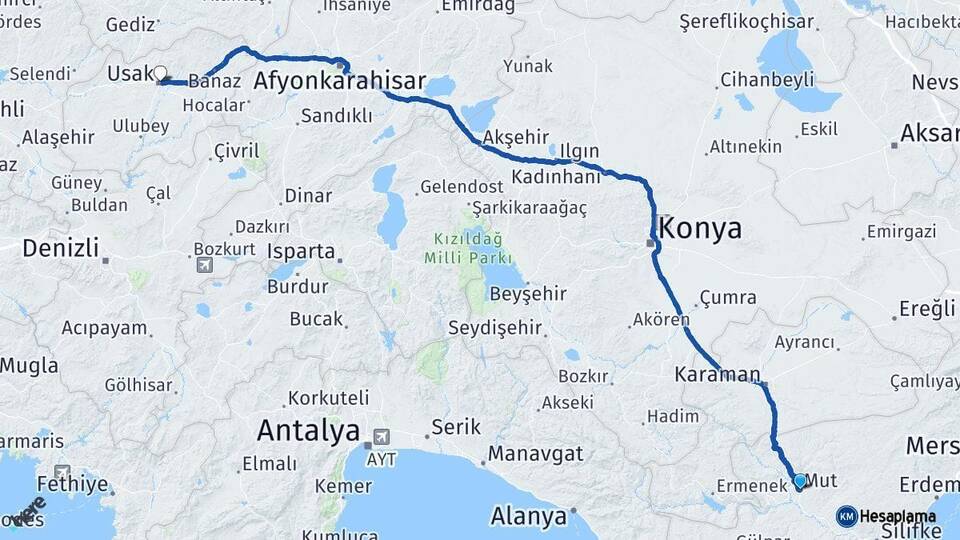 Mersin Mut Uşak Arası Kaç Km - Yol Haritası