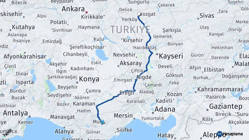 Mersin Mut Yozgat Arası Kaç Km - Yol Haritası