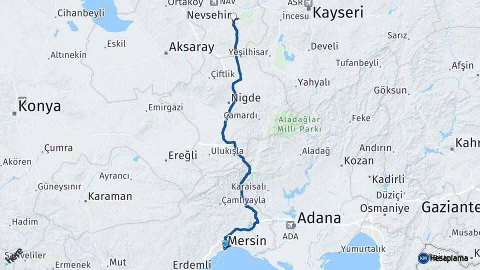 Mersin Nevşehir Arası Kaç Km - Yol Haritası