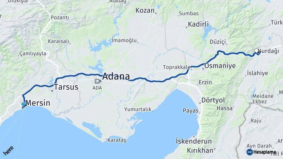 Mersin Nurdağı Gaziantep Arası Kaç Km - Yol Haritası