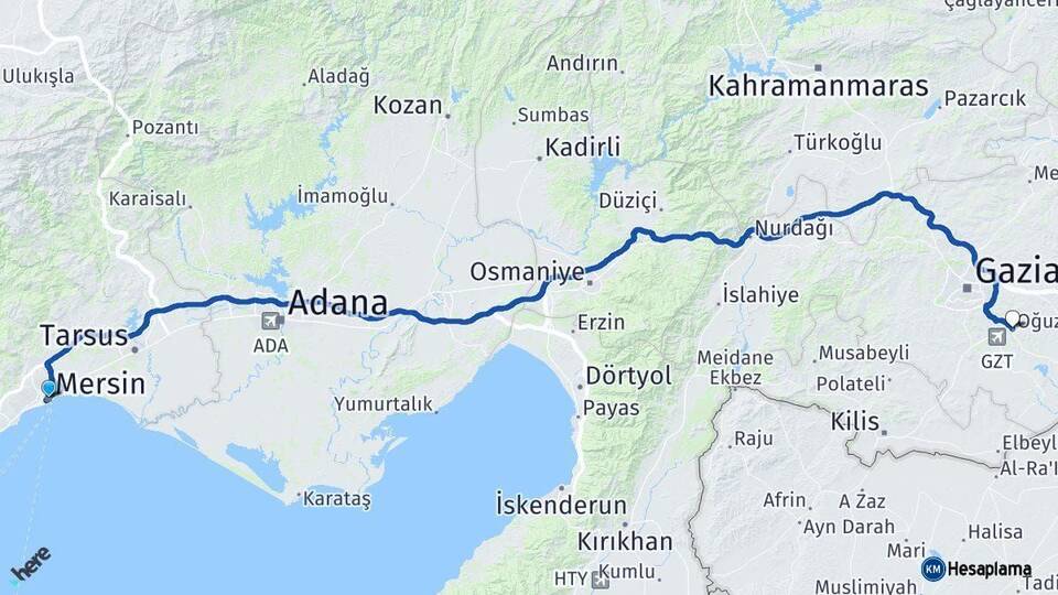 Mersin Oğuzeli Gaziantep Arası Kaç Km - Yol Haritası