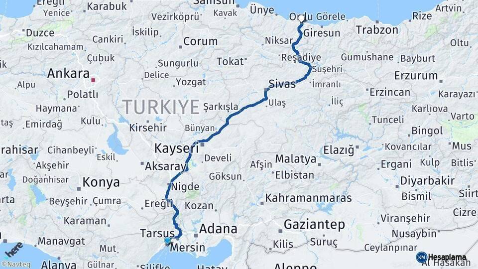 Mersin Ordu Arası Kaç Km - Yol Haritası