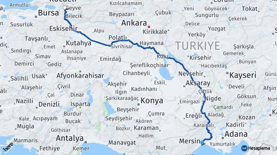 Mersin Osmaneli Bilecik Arası Kaç Km - Yol Haritası