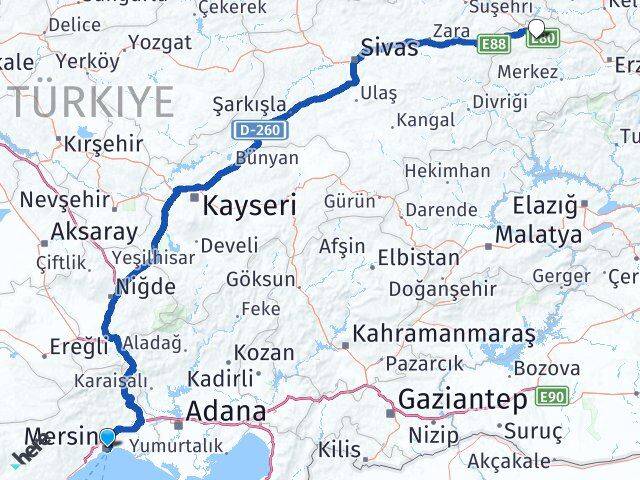 Mersin Refahiye Erzincan Arası Kaç Km - Yol Haritası