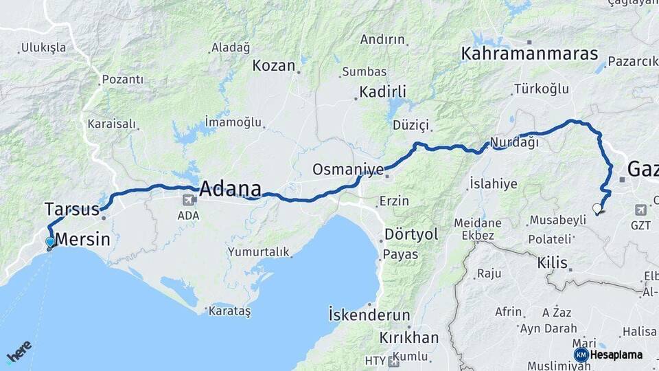 Mersin Şahinbey Gaziantep Arası Kaç Km - Yol Haritası