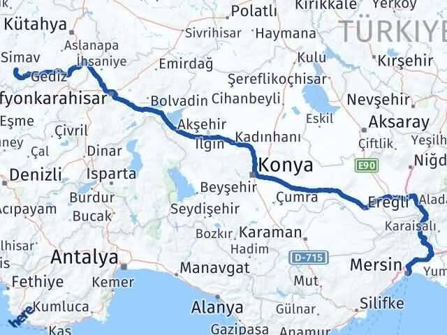 Mersin Şaphane Kütahya Arası Kaç Km - Yol Haritası