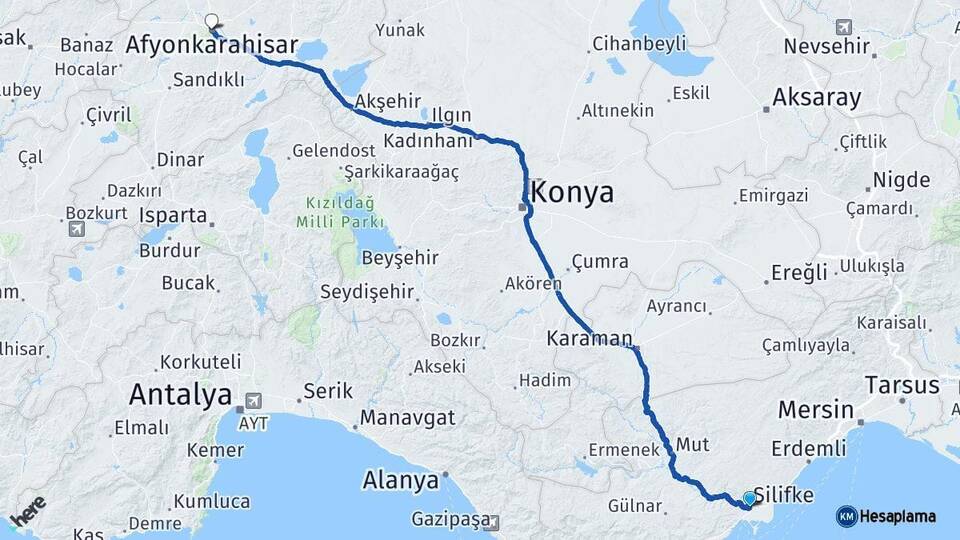 Mersin Silifke Afyonkarahisar Arası Kaç Km - Yol Haritası