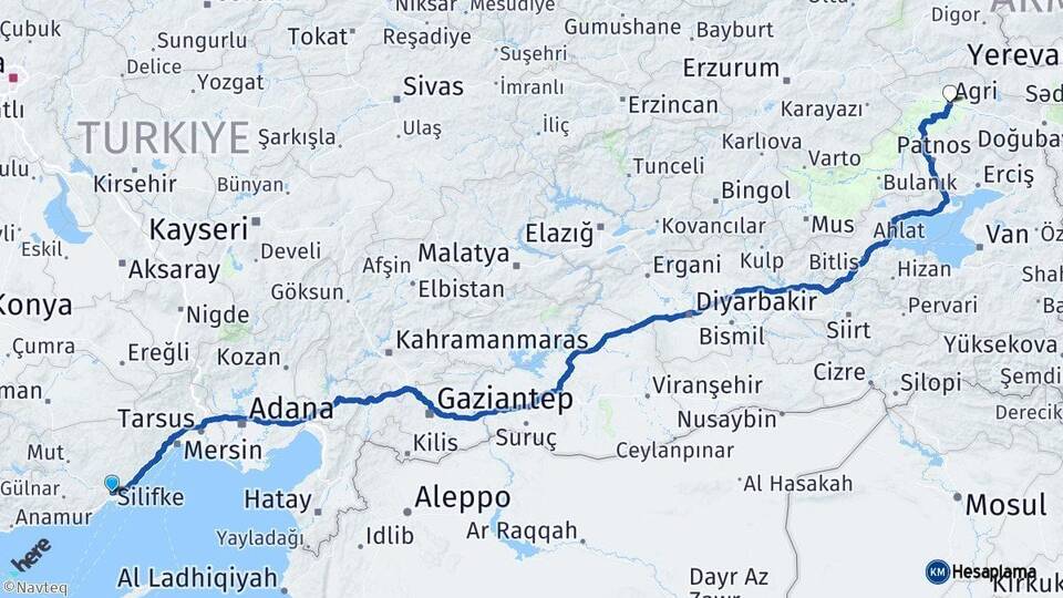 Mersin Silifke Ağrı Arası Kaç Km - Yol Haritası
