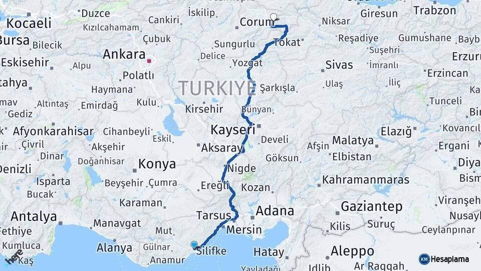 Mersin Silifke Amasya Arası Kaç Km - Yol Haritası