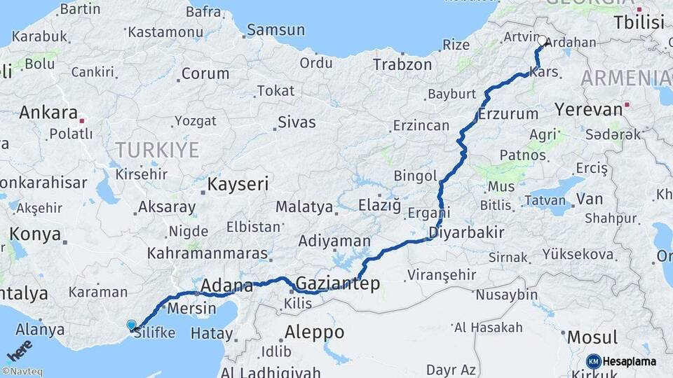 Mersin Silifke Ardahan Arası Kaç Km - Yol Haritası