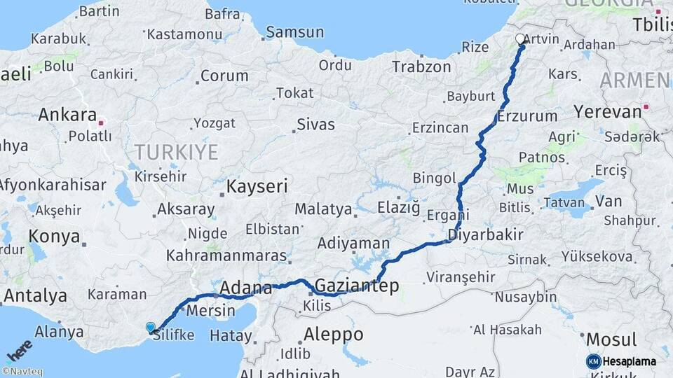 Mersin Silifke Artvin Arası Kaç Km - Yol Haritası