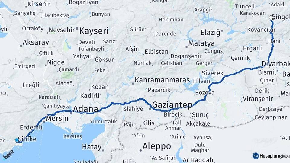 Mersin Silifke Bingöl Arası Kaç Km - Yol Haritası