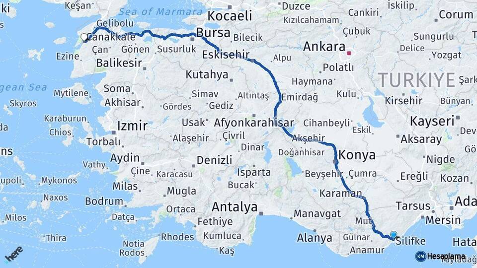 Mersin Silifke Çanakkale Arası Kaç Km - Yol Haritası