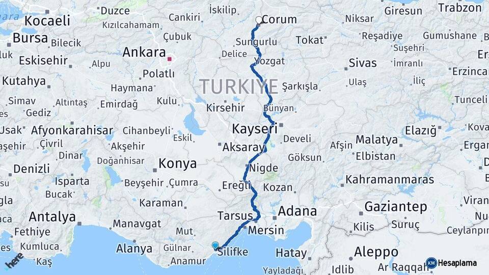 Mersin Silifke Çorum Arası Kaç Km - Yol Haritası