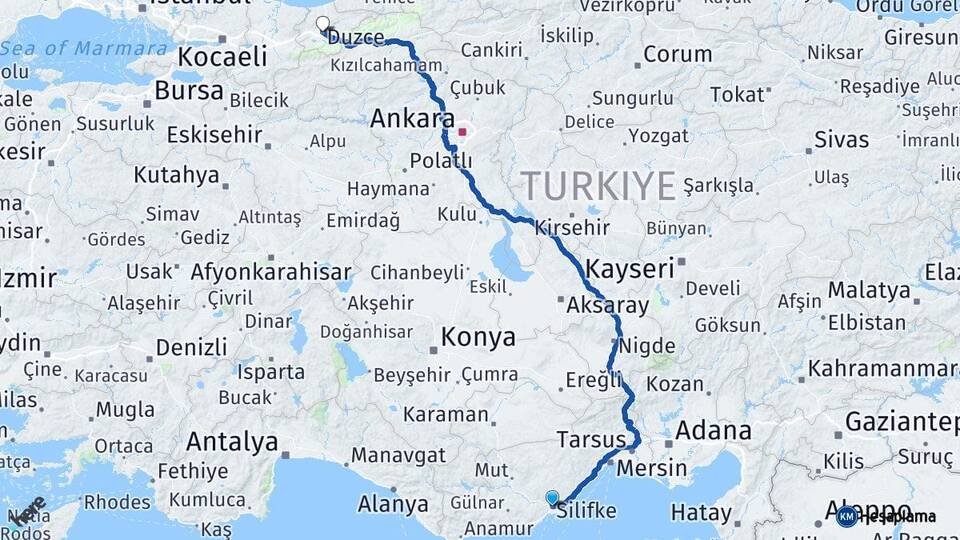 Mersin Silifke Düzce Arası Kaç Km - Yol Haritası