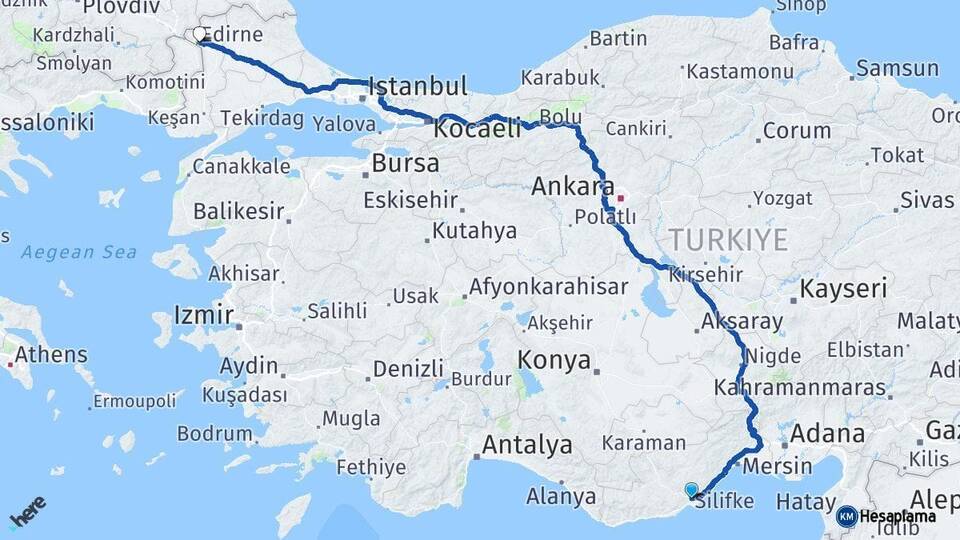 Mersin Silifke Edirne Arası Kaç Km - Yol Haritası