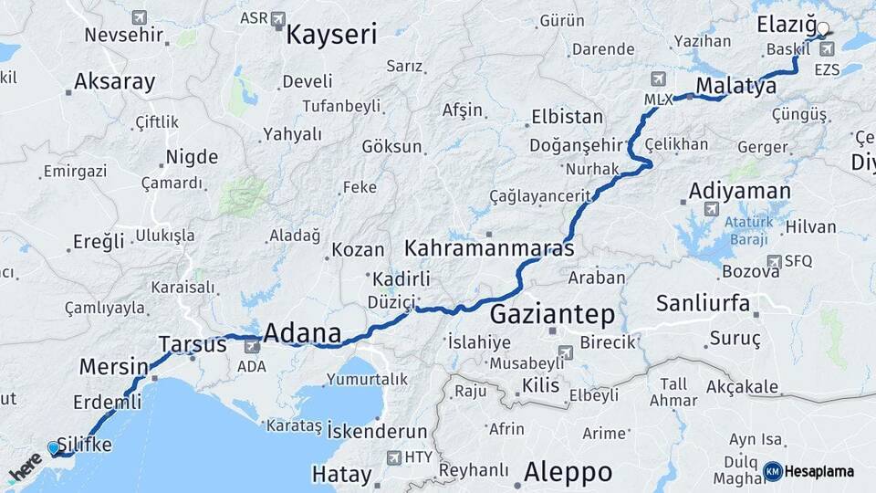 Mersin Silifke Elazığ Arası Kaç Km - Yol Haritası