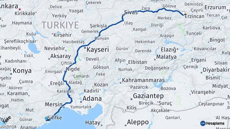 Mersin Silifke Erzincan Arası Kaç Km - Yol Haritası
