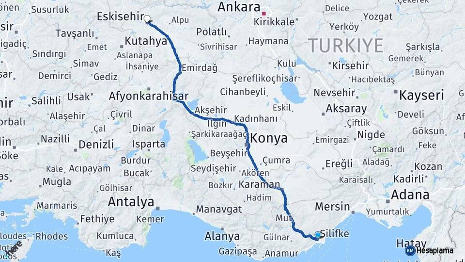 Mersin Silifke Eskişehir Arası Kaç Km - Yol Haritası