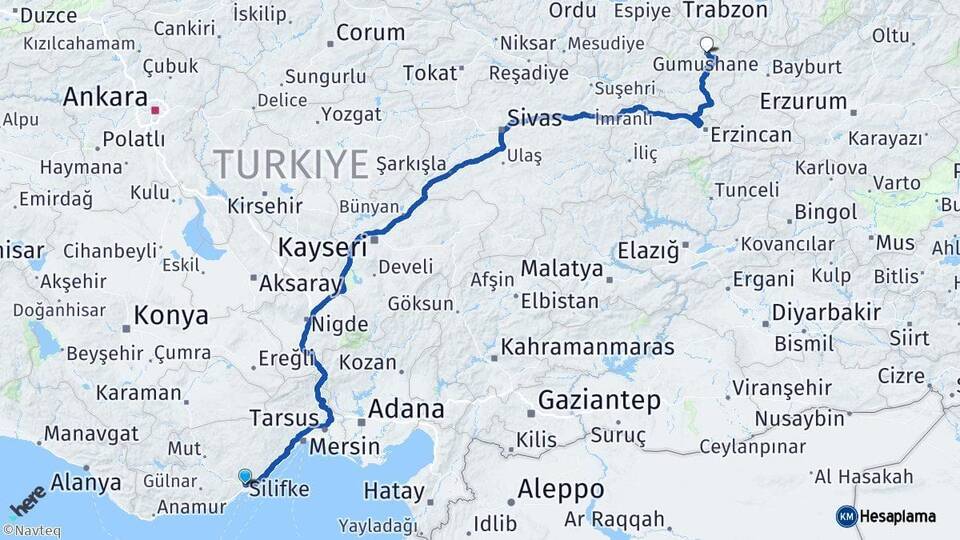Mersin Silifke Gümüşhane Arası Kaç Km - Yol Haritası