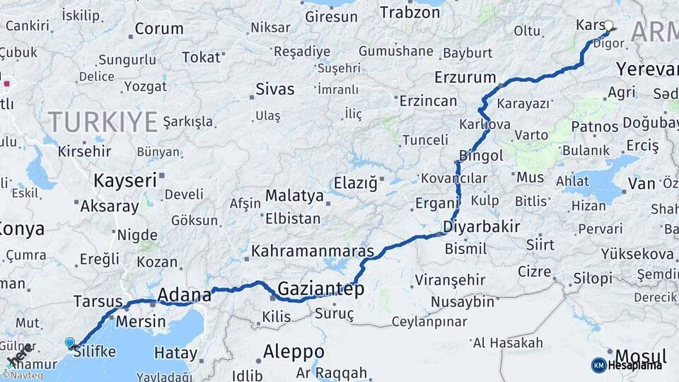 Mersin Silifke Kars Arası Kaç Km - Yol Haritası