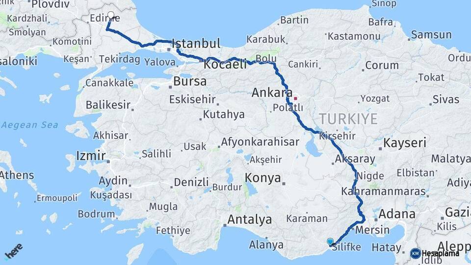 Mersin Silifke Kırklareli Arası Kaç Km - Yol Haritası