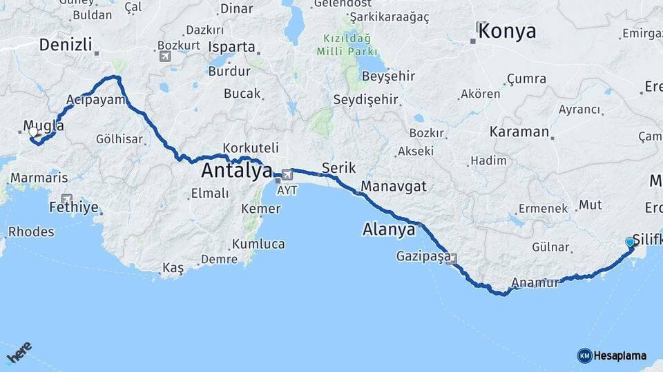 Mersin Silifke Muğla Arası Kaç Km - Yol Haritası