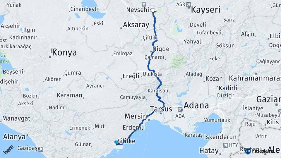 Mersin Silifke Nevşehir Arası Kaç Km - Yol Haritası