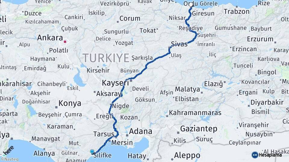 Mersin Silifke Ordu Arası Kaç Km - Yol Haritası