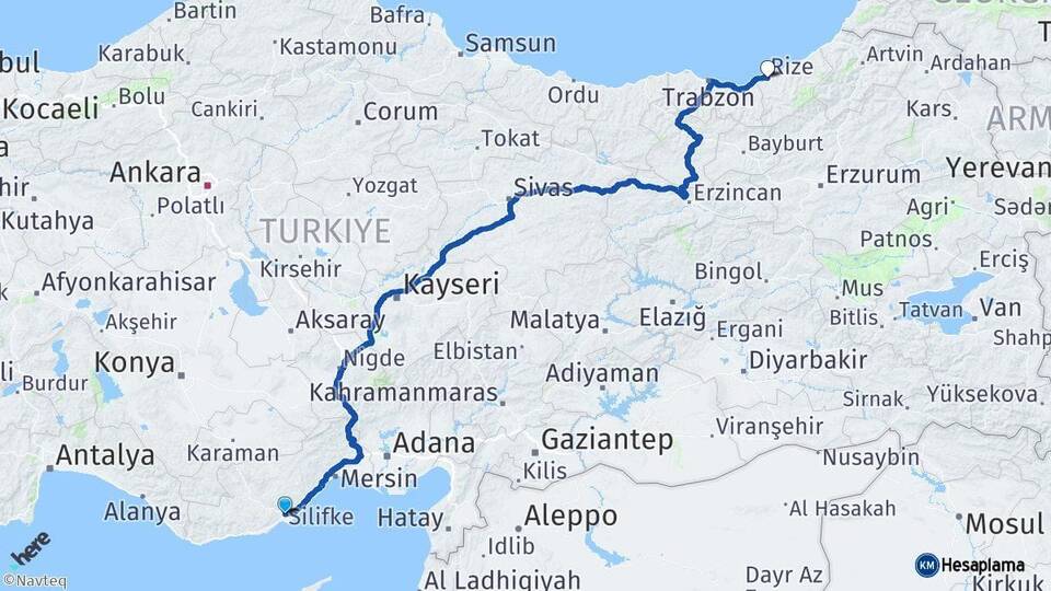 Mersin Silifke Rize Arası Kaç Km - Yol Haritası