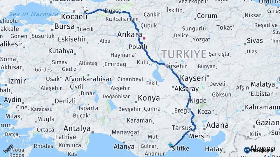 Mersin Silifke Sakarya Arası Kaç Km - Yol Haritası